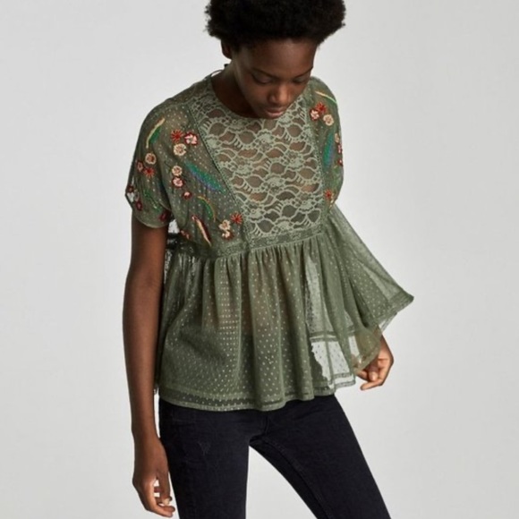 ZARA Olive Green Lace Babydoll Top S Floral Embroidered Boho Peasant Blouse - Picture 1 of 5